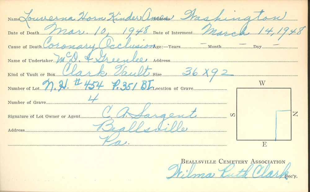 Louverna Horn Kinder Ames burial card